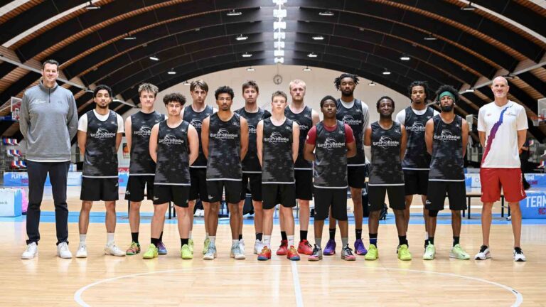 Players and coaches together at the EuroProBasket Global ID Camp at Basketball Campus Köln in Cologne, Germany.
