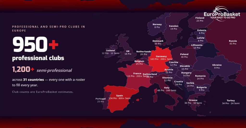 Map of Europe showing EuroProBasket estimates of professional and semi-professional basketball clubs by country, around 950 professional clubs and more than 1,200 semi-professional clubs across 31 countries.
