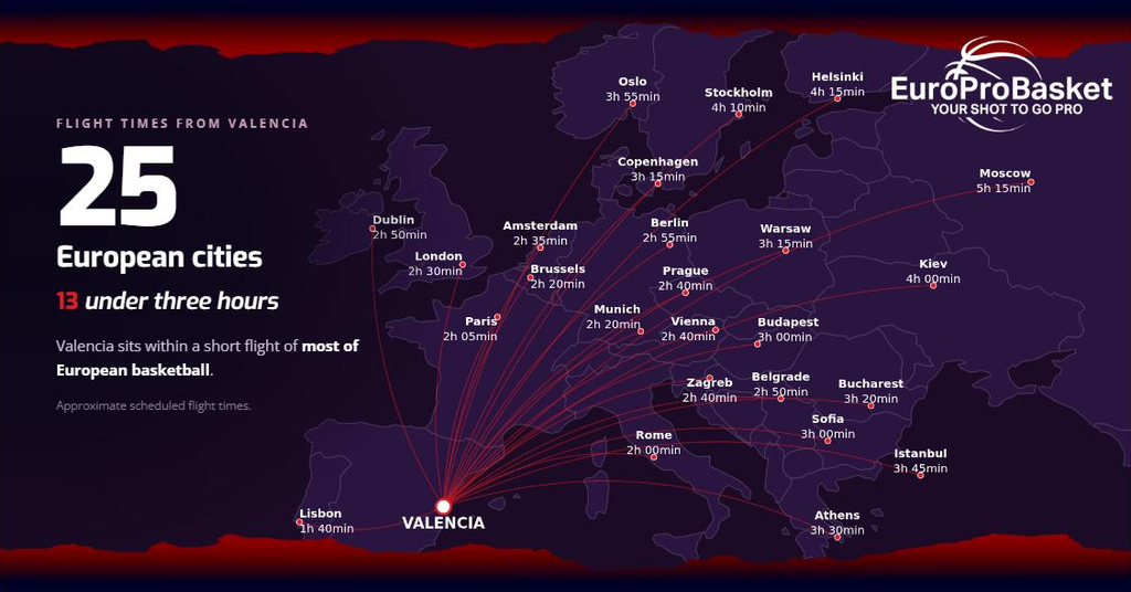 Map of flight routes from Valencia, Spain to 25 European cities with approximate flight times, thirteen of them under three hours.
