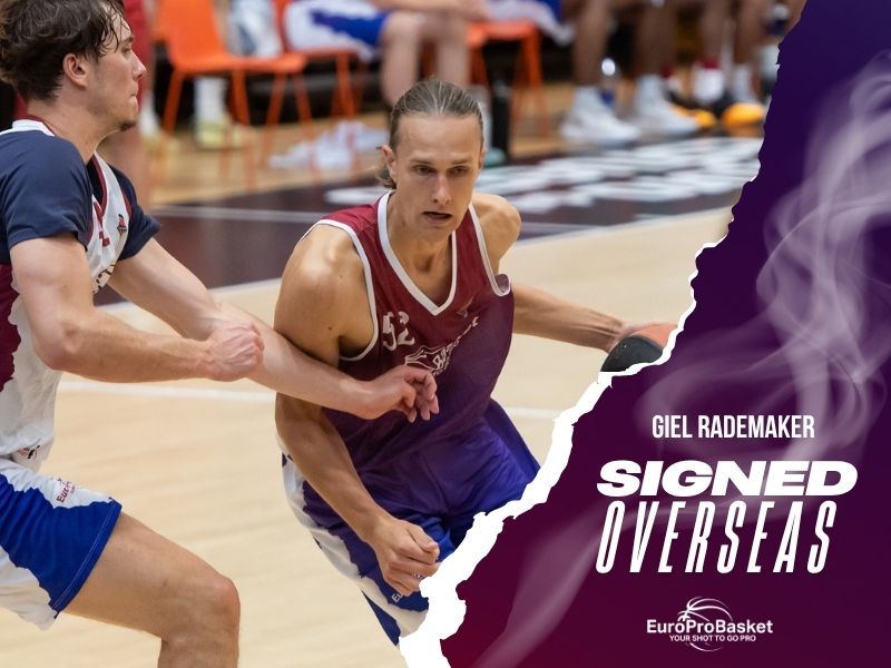 Giel Rademaker, a EuroProBasket forward, dribbling on court at L'Alqueria del Basket in Valencia before signing in Murcia, Spain