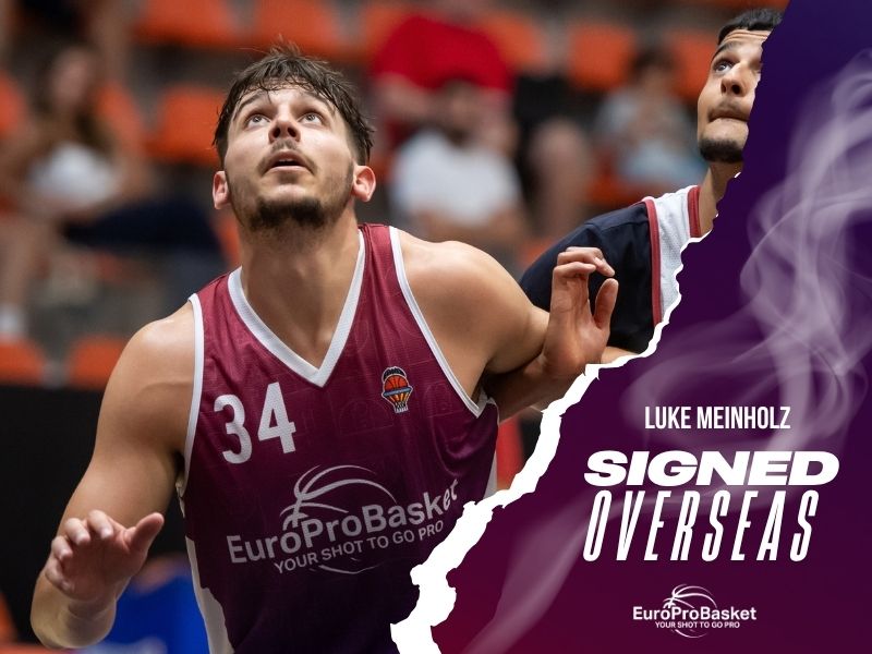 Player signed graphic for D3 player Luke Meinholz, who signs in Spain for the 2026-27 season after the European Summer League