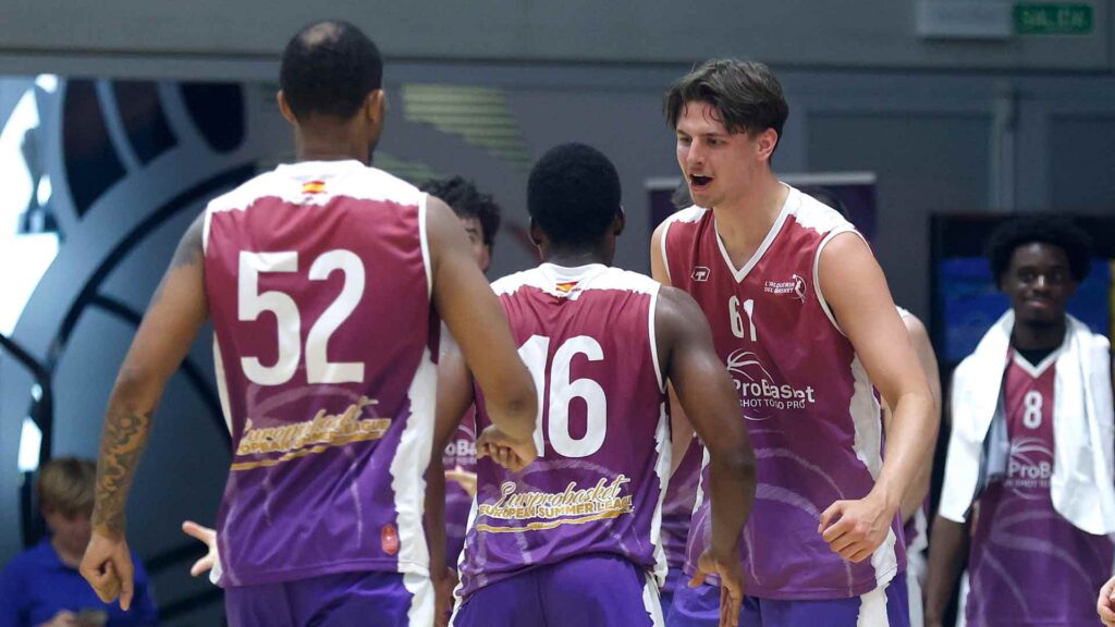 Dutch forward Mick Schoemaker celebrating with teammates during the EuroProBasket European Summer League in Valencia, before earning a basketball tryout in Spain