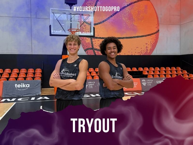 Noah Boyewa and Filipp Popovenko on the EuroProBasket announcement graphic for their basketball tryout in Spain