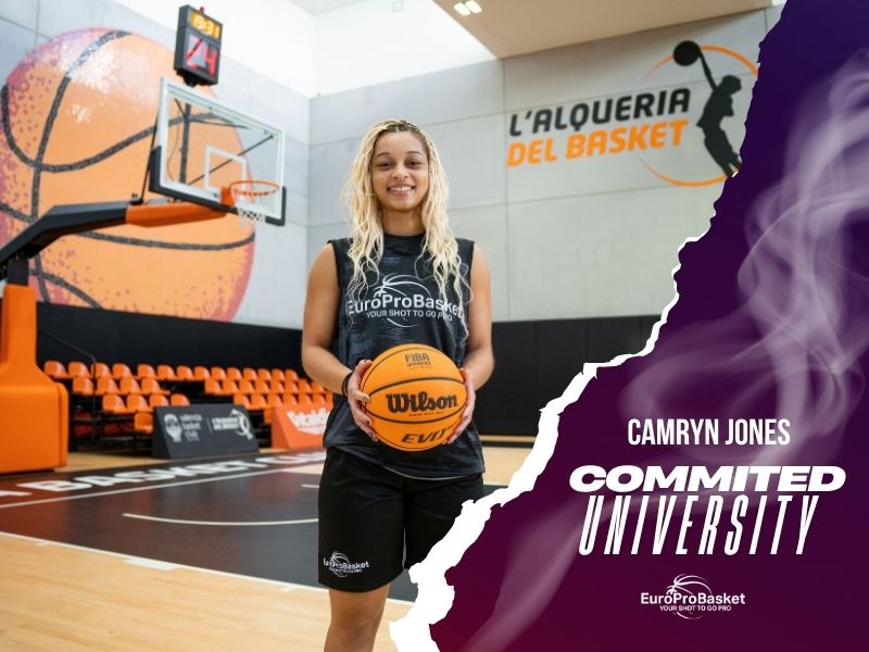 Camryn Jones, American forward, standing on court at L'Alqueria del Basket in Valencia before committing to play university basketball in the UK