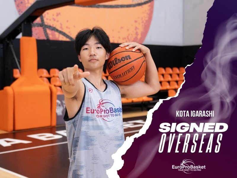 PLAYER SIGNED graphic for Kota Igarashi, a Japanese point guard who signed in Spain after training with EuroProBasket in Valencia