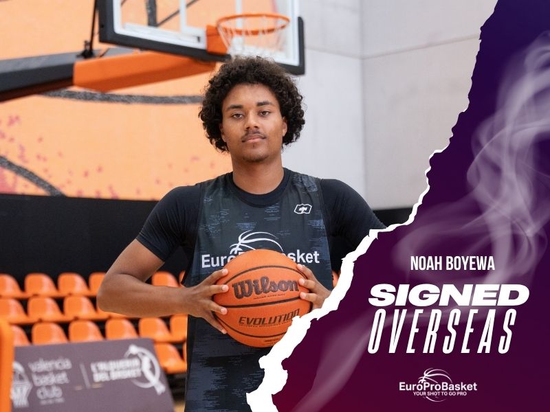 Swedish forward Noah Boyewa on his EuroProBasket player signed graphic after he signs in Spain for 2026-27